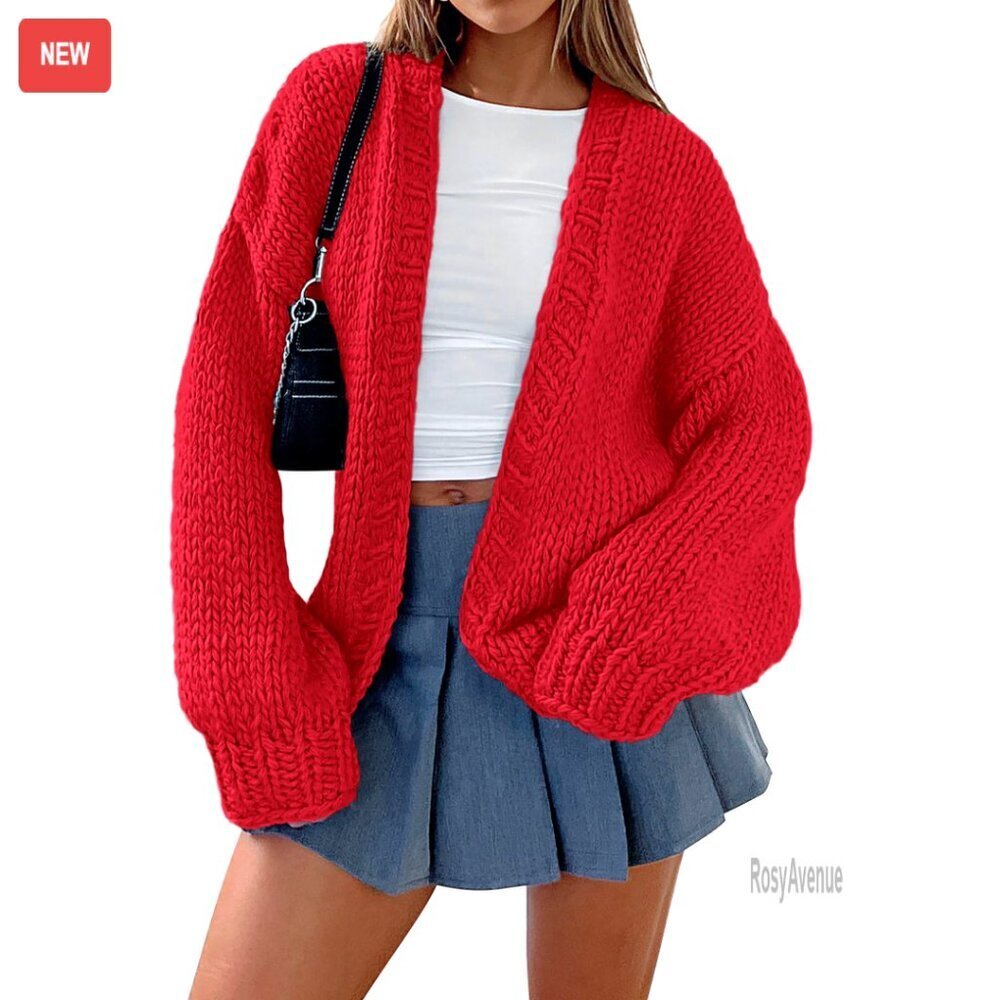 Chunky Knit Cardigan Shawl Collar Open Front Loose Fit Drop Shoulder Sweater